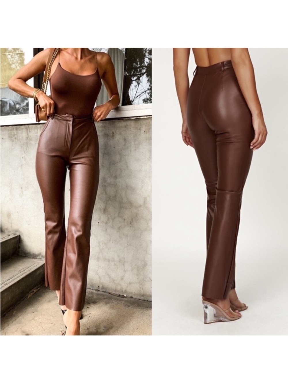 Meshki Faux Leather Straight Leg Pants In Chocolate - Picture 6 of 6